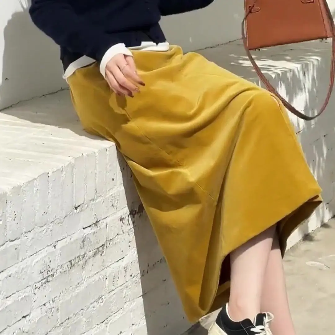 Yellow Corduroy Skirts Women Autumn Winter New Elastic High Waist Fashion Split Fork Skirts Ladies Versatile Maxi A-Line Skirts