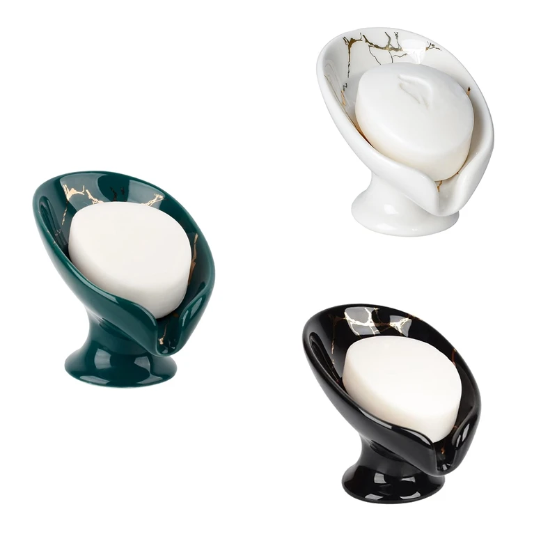 Soap Dish, Ceramic Soap Holder Self Draining Marble Look Leaf-Shape Soap Dishes For Bathroom