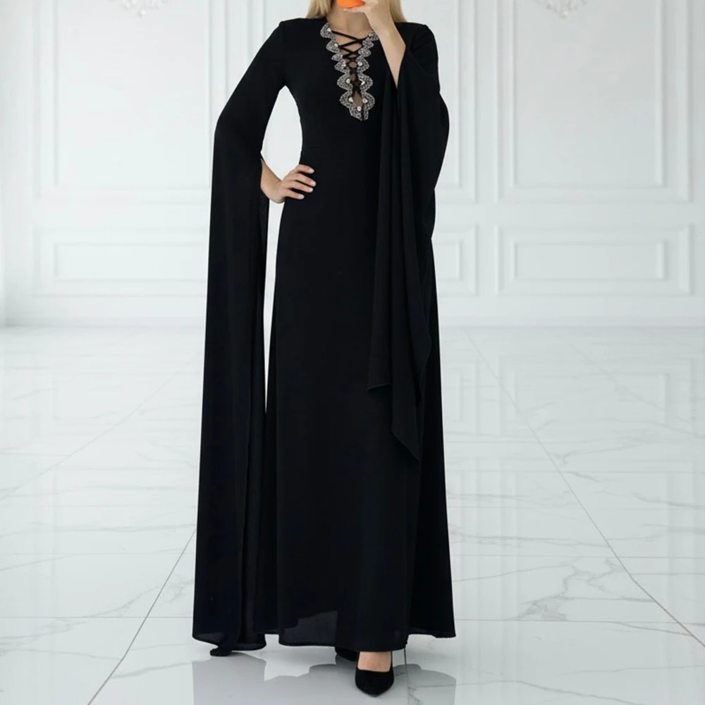 

A-line Women's Evening Dresses Floor-length V-neck Full Sleeve Prom Gown Fashion Lace-up Crystal Simple Draped Customized Gowns