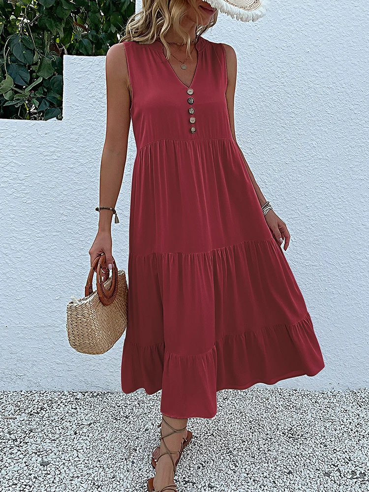 JIM & NORA Casual Summer Midi Dress Women Sleeveless Tank V Neck Buttons Ruffle Loose Dresses Beach Soild Sundress Fashion