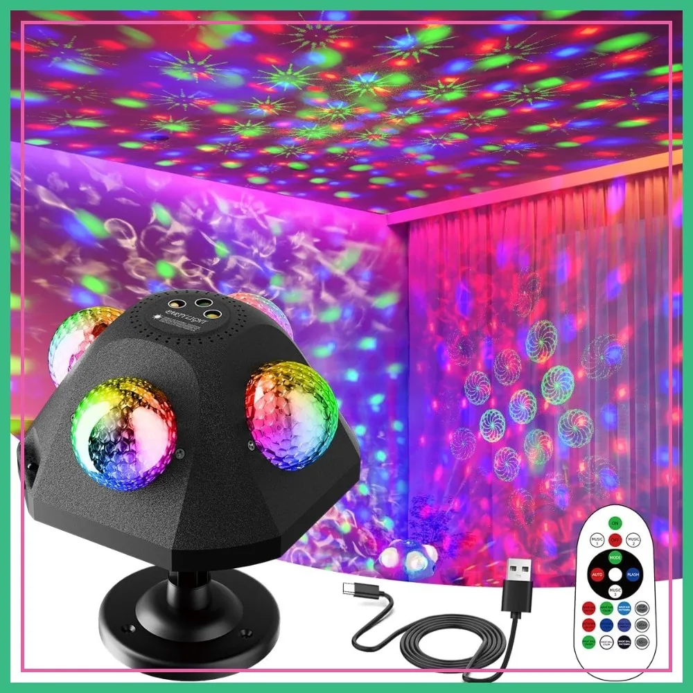 

4 Disco Balls in 1 Strobe Light, Sound Activated Party Lights with Remote for DJ Stage, KTV, Club, Home Karaoke