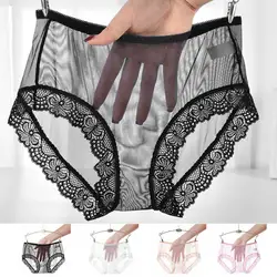 Women Panties Floral Lace Mid Waist Women's Panties Ultra Thin Sheer Mesh Underwear Breathable Stretchy Ladies Briefs Women