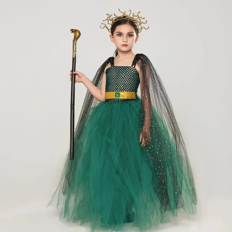 Disfraces de cosplay de la sirena Medusa griega antigua con cabello de serpiente, vestidos largos de malla verde oscuro + tocados y cetro para niñas