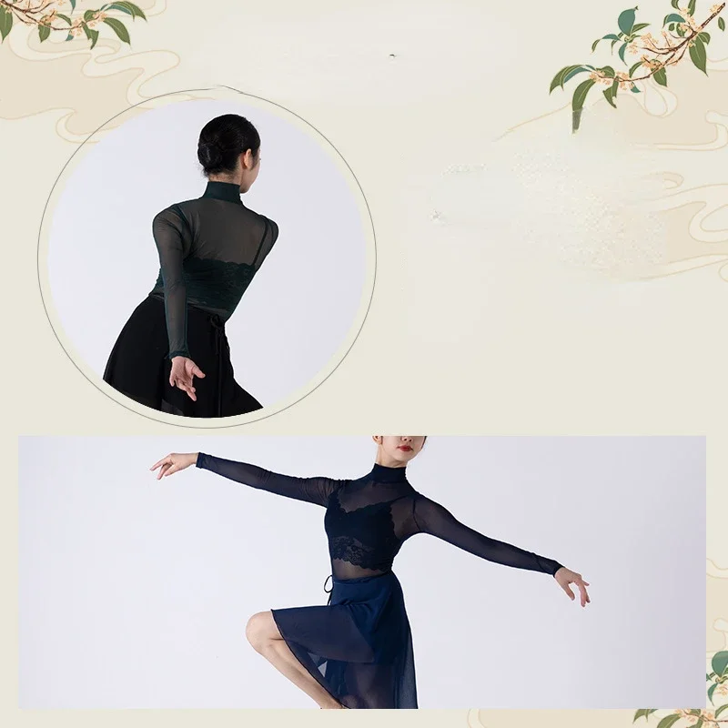 Ballet Leotards For Women High Collar Mesh Transparent Long Sleeve Dance Training Clothes Belly Dance Swimwear Bodysuit Top