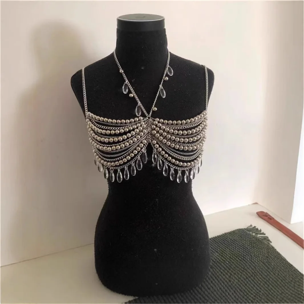 

Роскошный пистолет цвета бисера с кристаллами и кисточками, топы с лямкой на шее, укороченный бюстгальтер с цепочкой, многослойные сексуальные Ropa De Mujer, ювелирные изделия с цепочкой на грудь