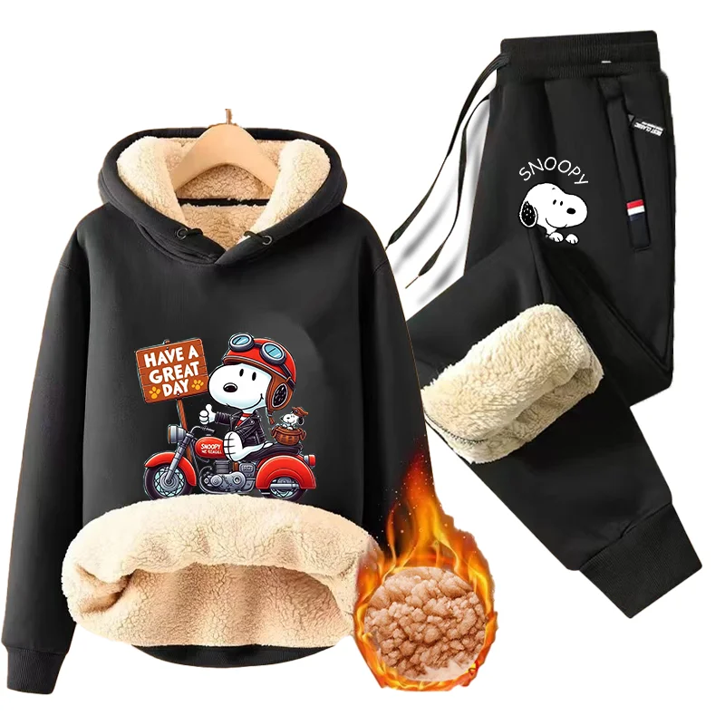 Snoopy Winter Anime Hoodie Fleece Pants Set Men Fashion Casual Sport Suit Sweatshirt Woman Pullover Adult Harajuku Clothes Gift