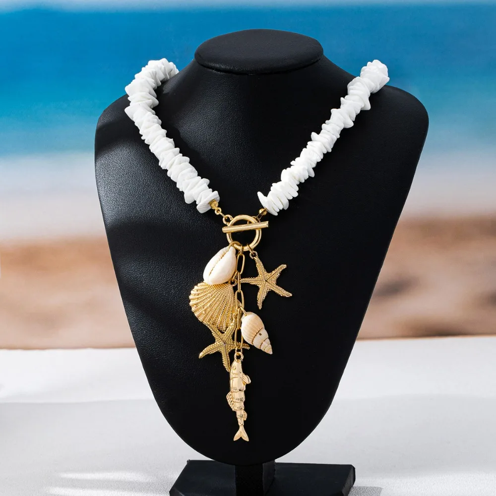 Summer Beach Holiday Style Natural Shell Ocean Series White Shell,starfish,conch,fish Shape Pendant Necklace for Women to Wear