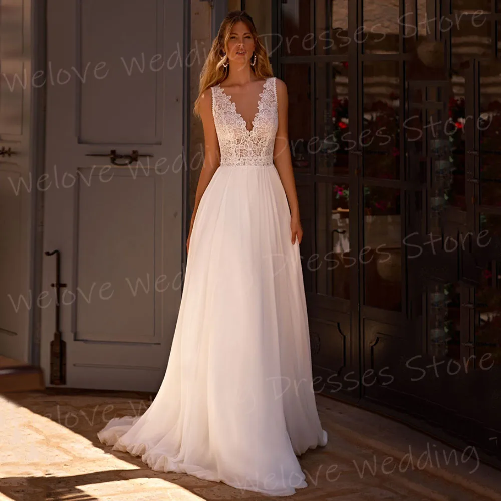 Elegant A Line ชุดแต่งงานของผู้หญิง V คอ Vestidos De Novia แขนกุดที่กําหนดเองชุดเจ้าสาวลูกไม้ Appliques Vestidos Boda