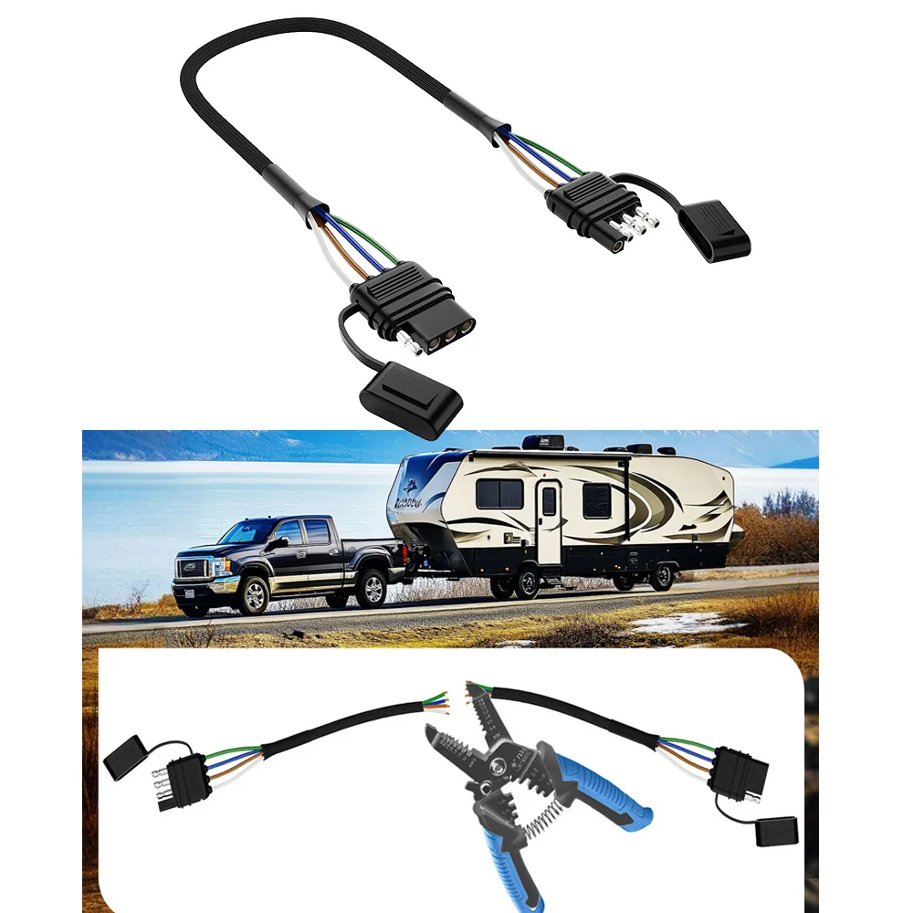 MICTUNING 4 Pin Flat Trailer Extension Cable 12 inch, 16 AWG Pure Copper Wire Vehicle-Side and Trailer-Side 4 Way Connector