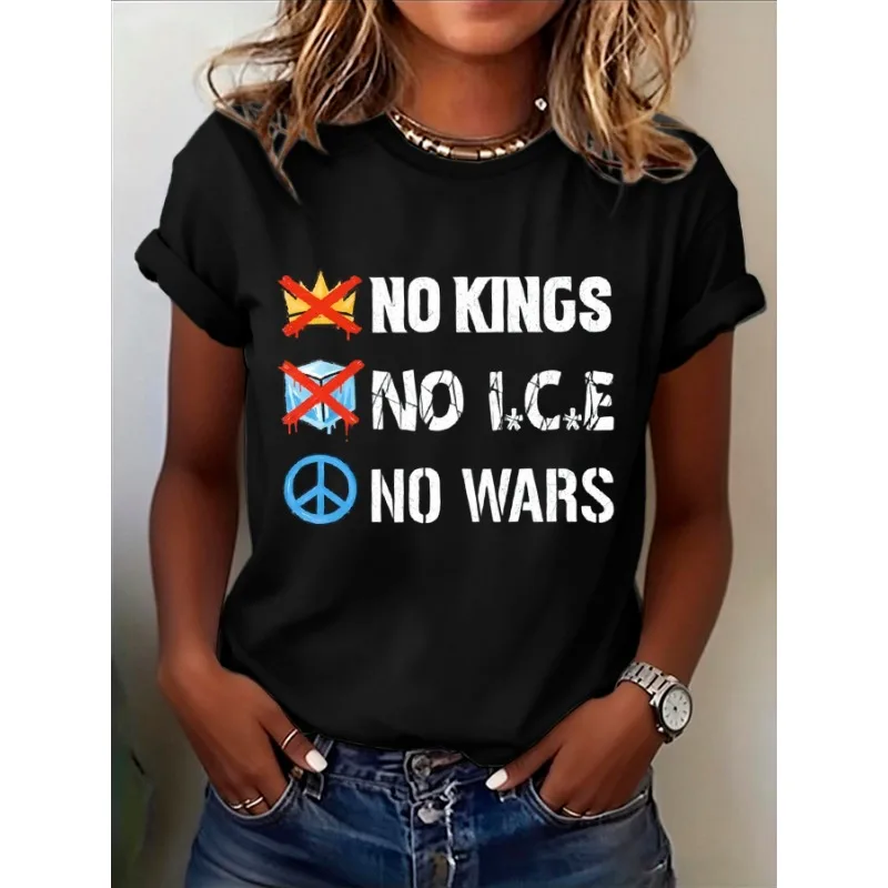 Women's No Kings No Wars No ICE Print Tees Peace Short Sleeve Casual Round Neck T Shirts