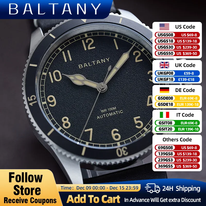 Baltany Vintage Military Watch Ceramic Bezel Sapphire Crystal 100M Waterproof Stainless NH38 Automatic Pilot Homage Wristwatches