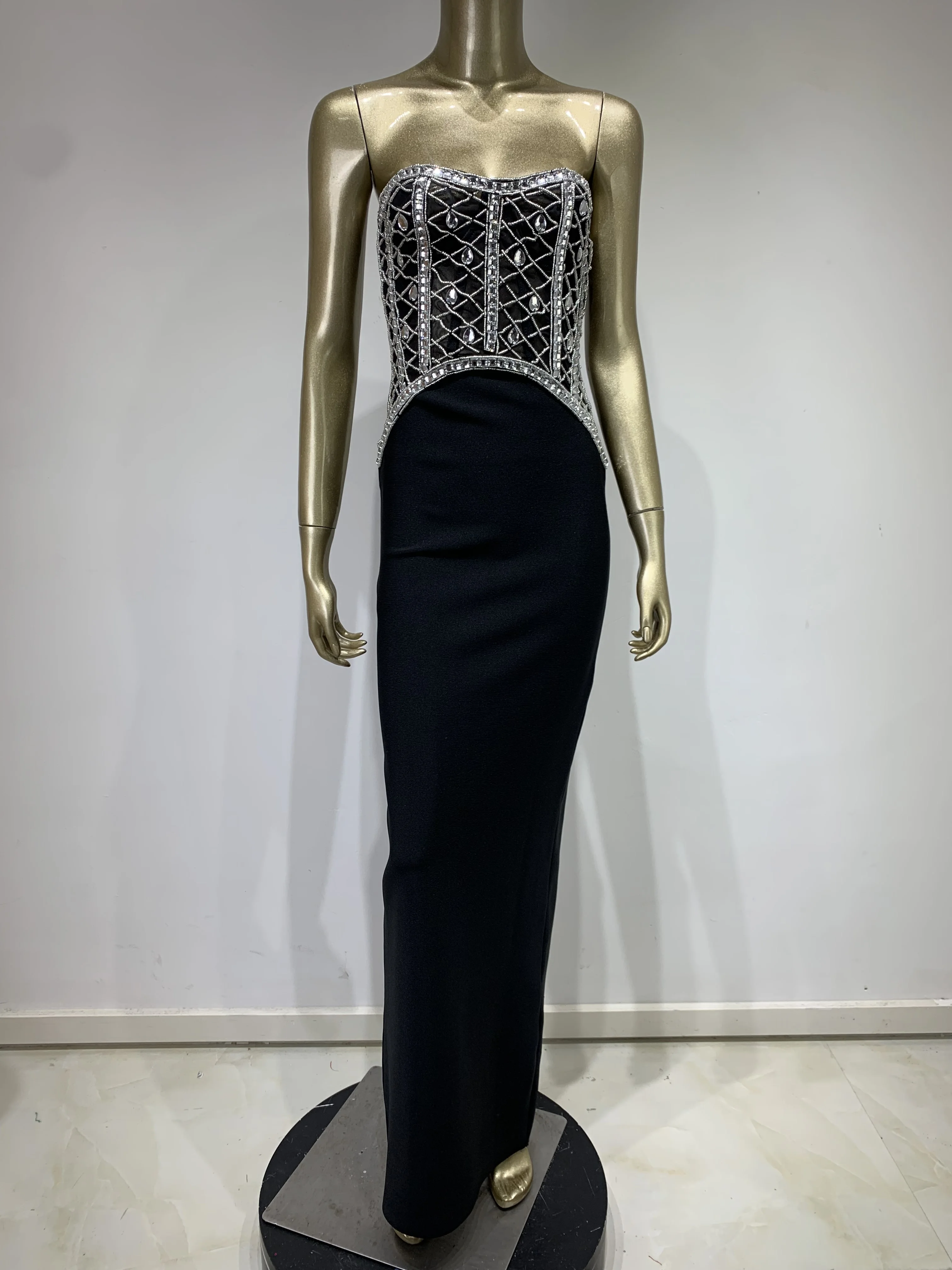 Celebrity Women Sexy Strapless Backless Beading Black Maxi Long Bodycon Bandage Dress 2023 Elegant Evening Club Party Dress