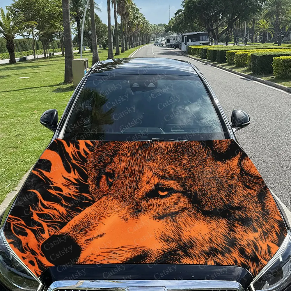 Car Decal Wolf with Fiery Artistic Fusion Design, Creating a Bold and Dynamic Visual Car Hood Sticker, Waterproof Self - Adhesiv