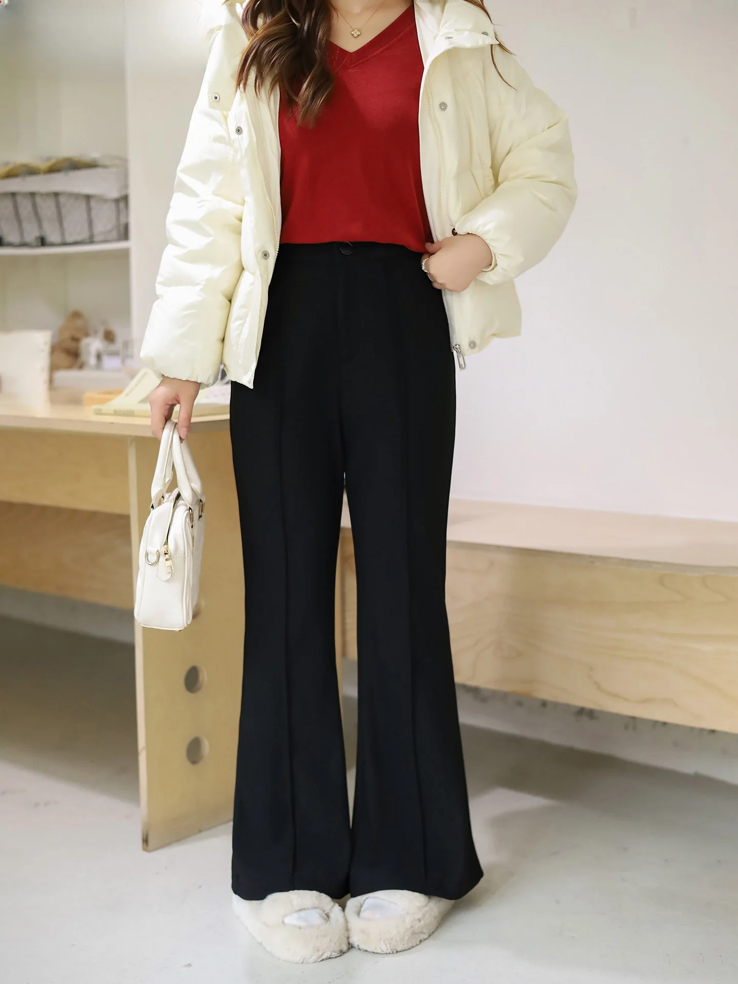 

Женские утепленные брюки больших размеров с флисовой подкладкой, повседневные, с высокой талией, расклешенные, однотонные, в корейском стиле, для работы и отдыха