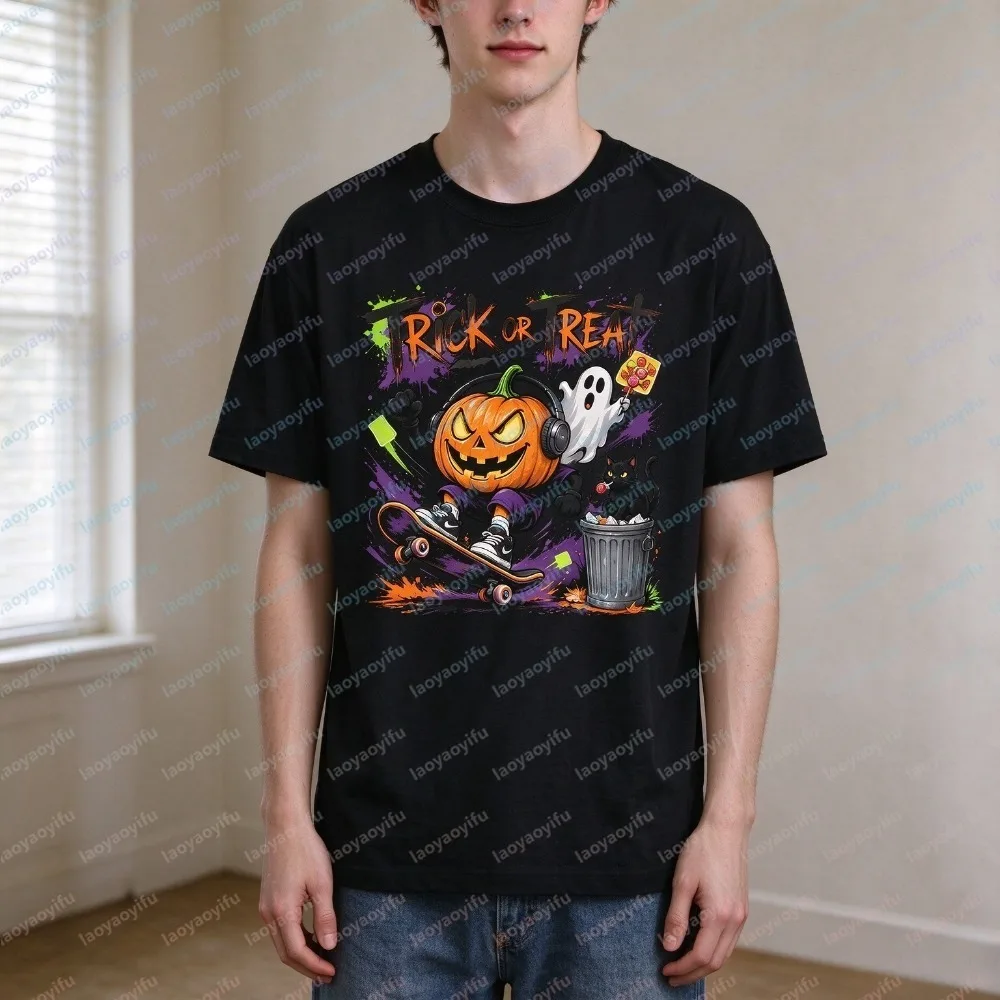 Trick or Treat Halloween Pumpkin Skateboard Print Men T-shirt Summer Short Sleeve Fashion Crew Neck Casual Tees Graphic Tops