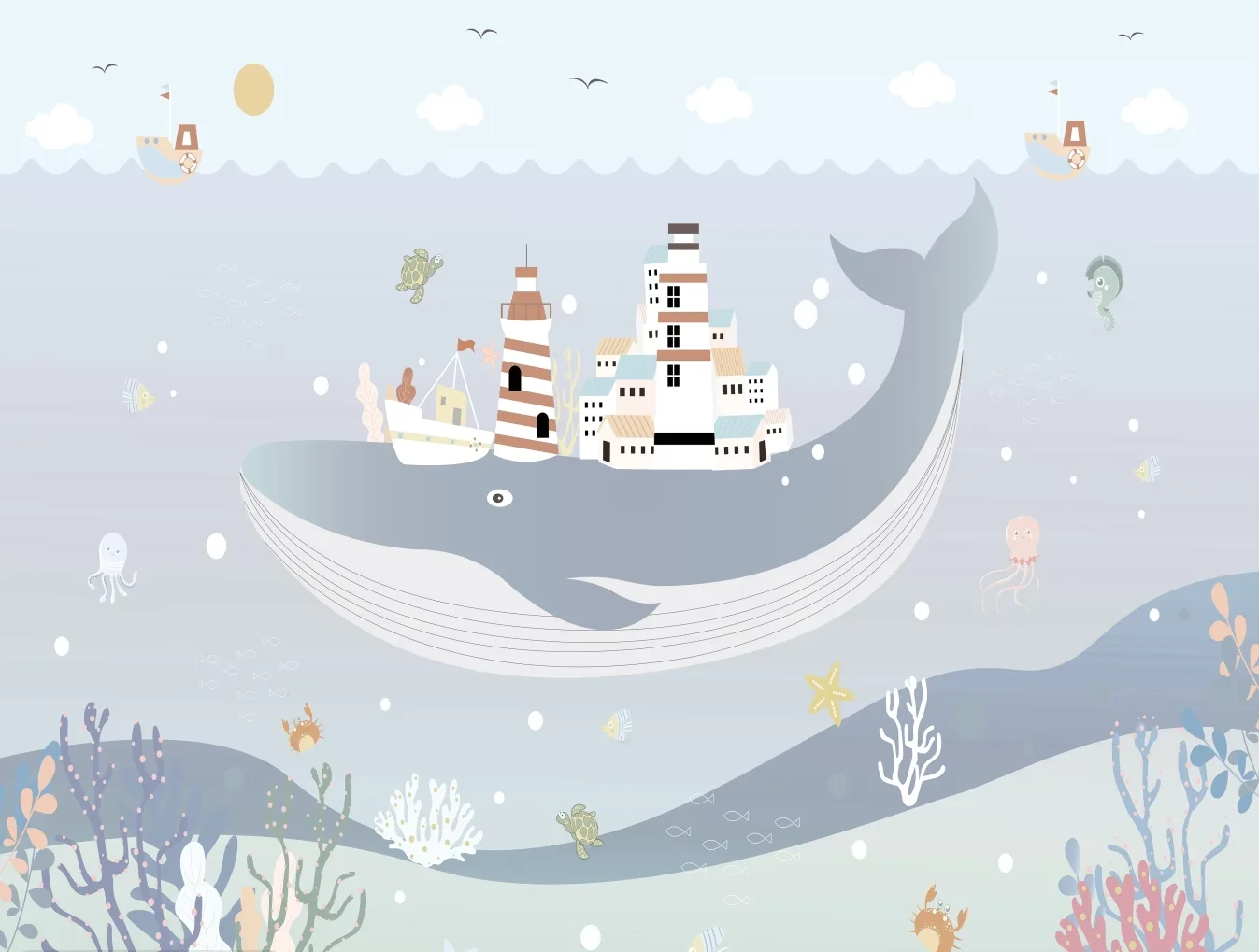 Customized size mural hand-painted sea whale mural cartoon world children's room underwater world decoration painting wallpaper