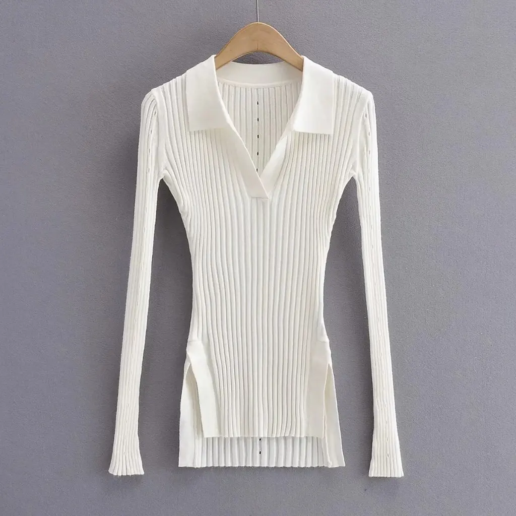 

Женский вязаный свитер с v-образным вырезом, весенний эластичный облегающий топ с длинными рукавами и полым дизайном, короткий спереди и длинный сзади