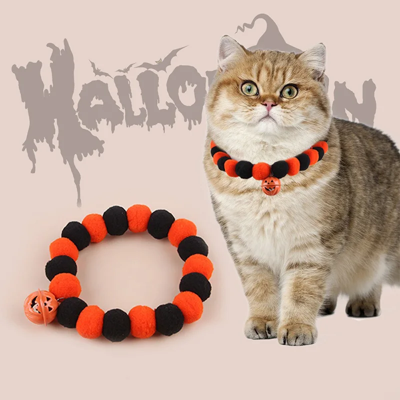 Halloween Pet Collar Funny Pumpkin Decoration Dog Collar Elastic Rope Plush Ball Necklace Cat Neck