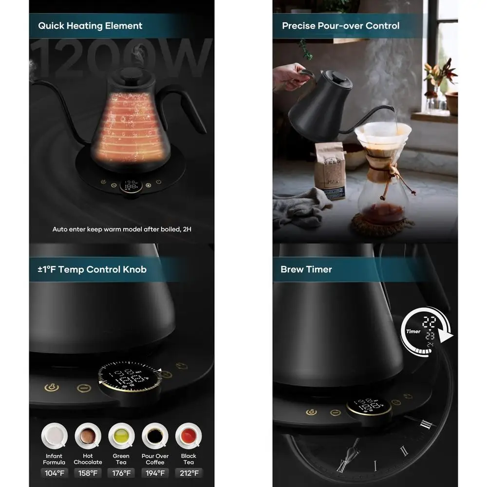 

Precision Temp Gooseneck Kettle, ±1°F Control, for Coffee & Tea, Fast Heating, BPA-Free, 0.9L, 1500W (Black Walnut)