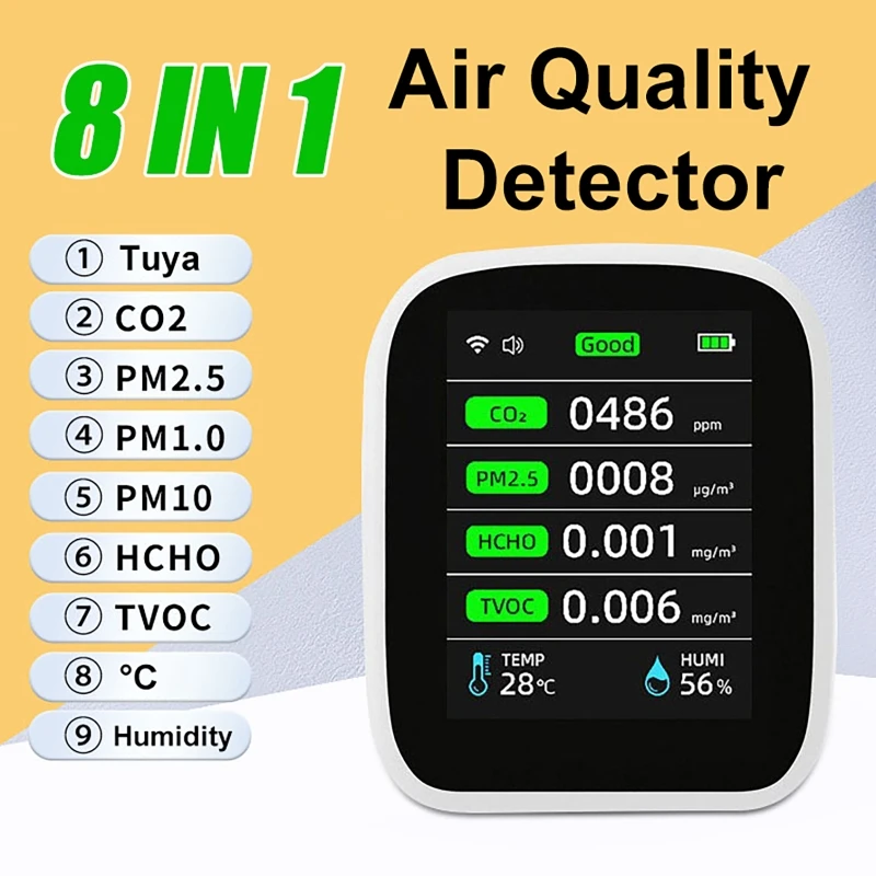 

Многофункциональный измеритель качества воздуха 8-в-1 с Wi-Fi: CO2, HCHO, PM1.0, PM2.5, PM10, температура, влажность, детектор углекислого газа, управление через приложение