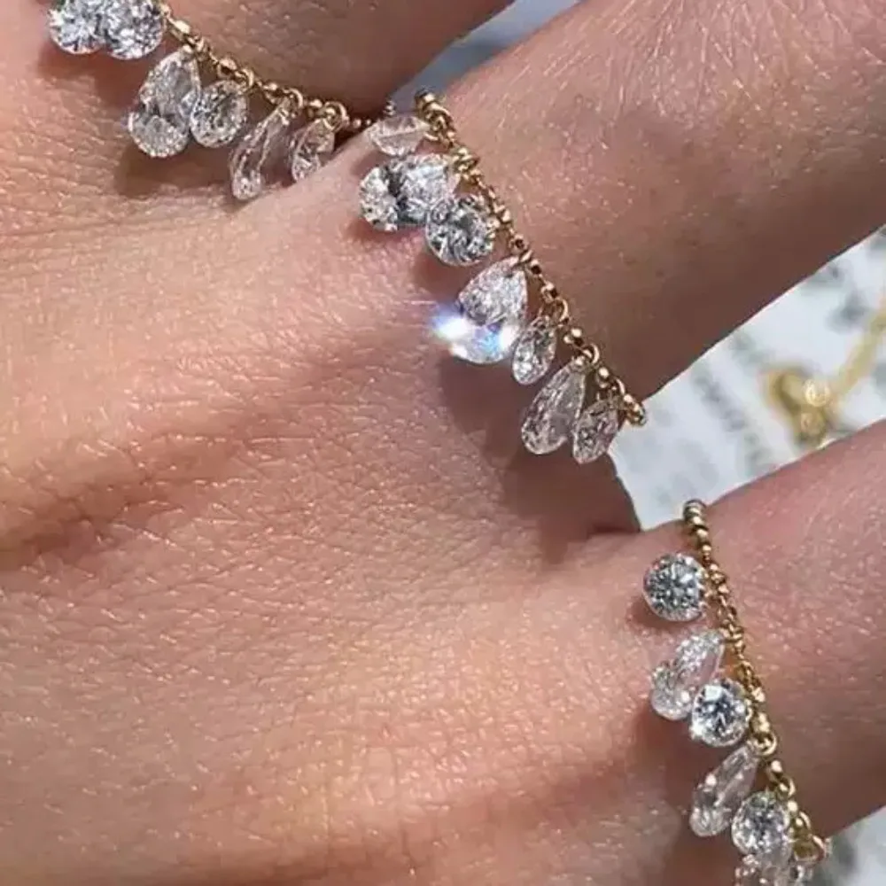 Exquisite Round Water Drop Zircon Tassel Ring for Women Adjustable Pull Bead Chain Rings Stackable Bracelet Jewelry Accessories