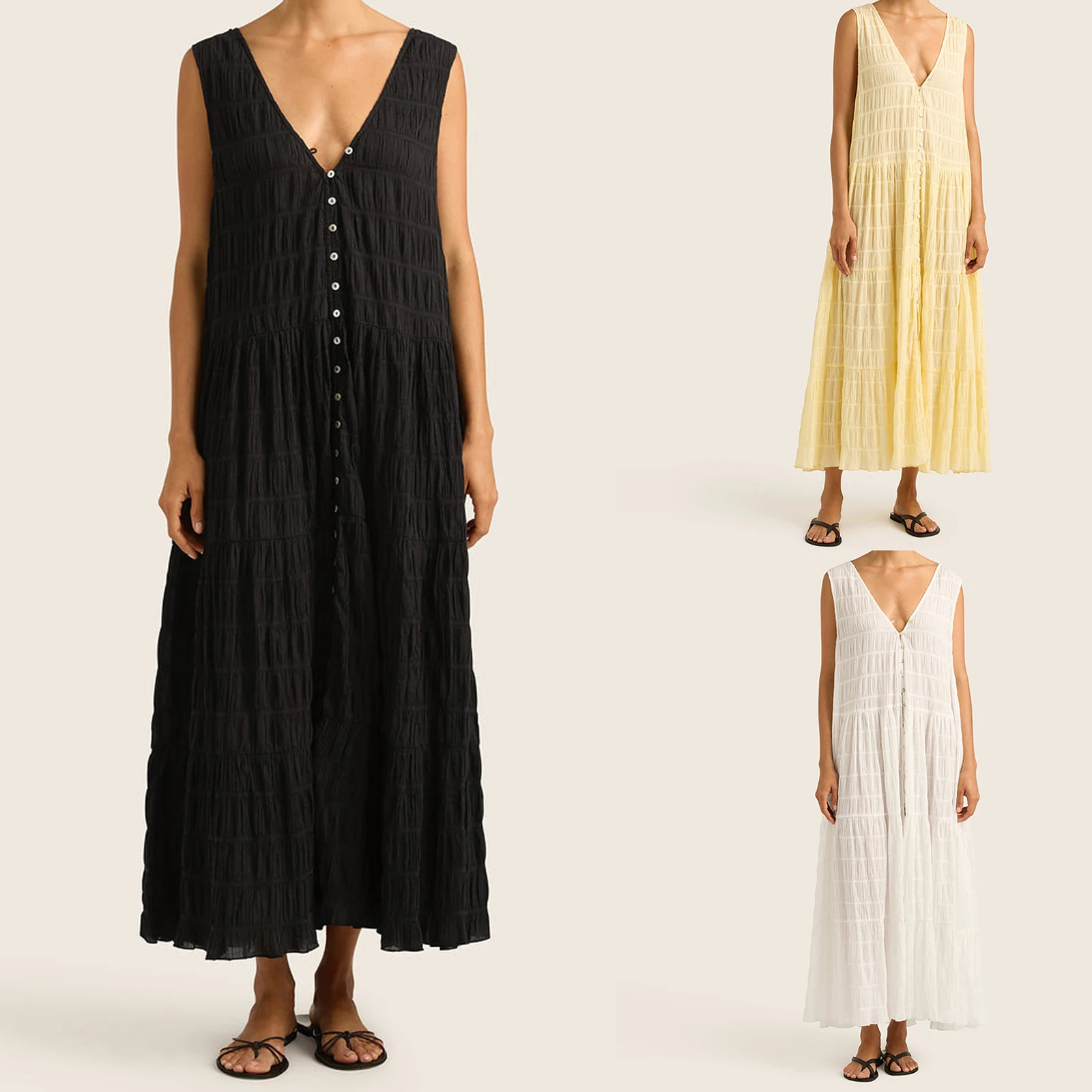 Combhasaki femmes été décontracté coupe ample boutonné col en v profond froncé Plaid a-ligne débardeur longue robe de soirée vêtements de plage