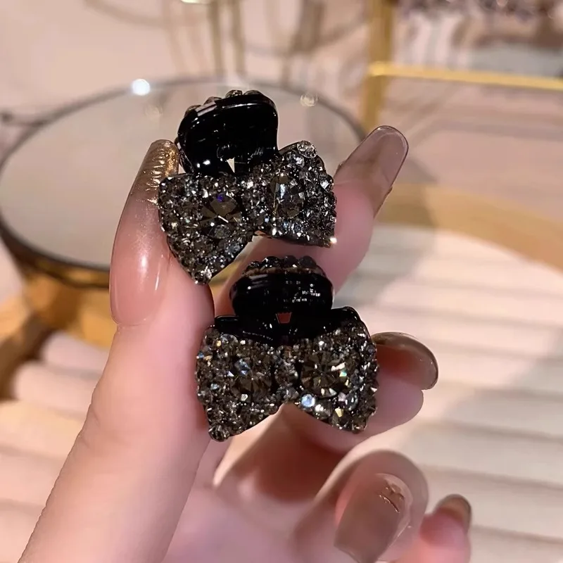 2pc Mini Rhinestone Bow Hair Claw Clips Black Crystal Bowknot  Hair Grab Clips Women Bangs Side Hair Pins
