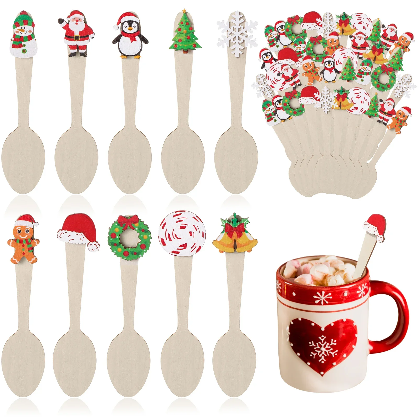 50Pcs Christmas Wooden Spoons Set Hot Cocoa Stirring Spoons Snowflake Gingerbread Man Snowman Candy Cane Spoon For Winter Tasti