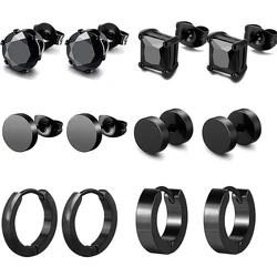1 Pairs Black Stainless Steel Round Square Cubic Zirconia Stud Earrings Barbell Screw Back Studs Hip Hop Hoop Earrings For Men