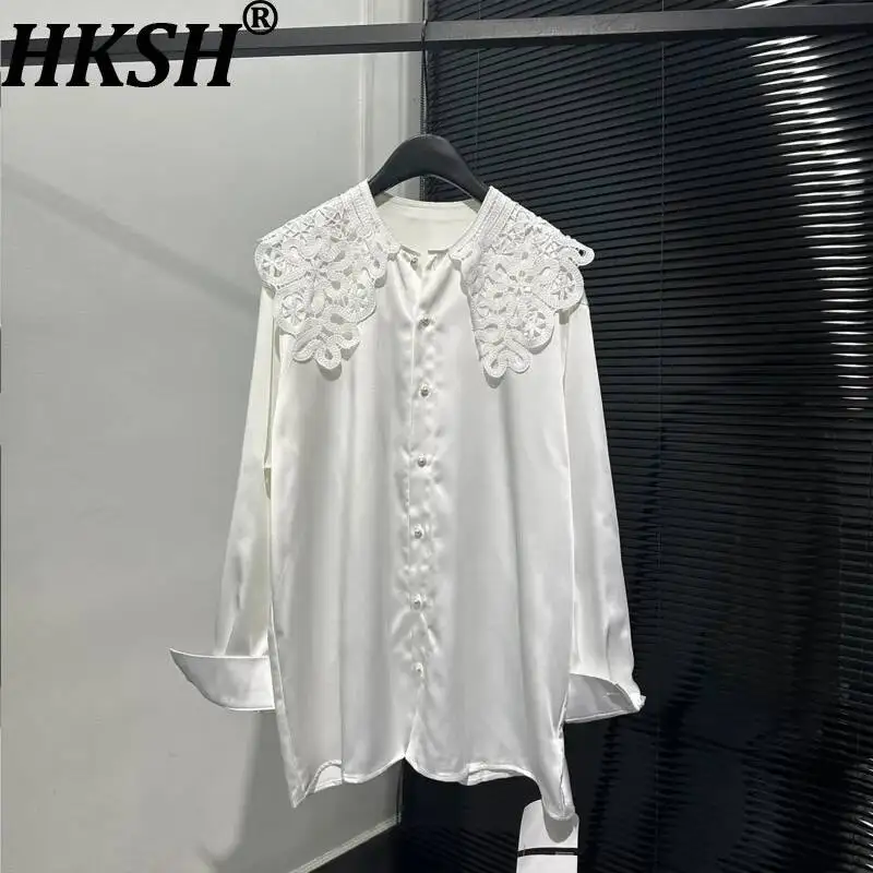 

HKSH Весна Осень Новый Мужской Дизайн Ниша Выдалбливают Кружева Питер Пэн Воротник Рубашка С Длинным Рукавом Модная Элегантная Модная Куртка HK15737