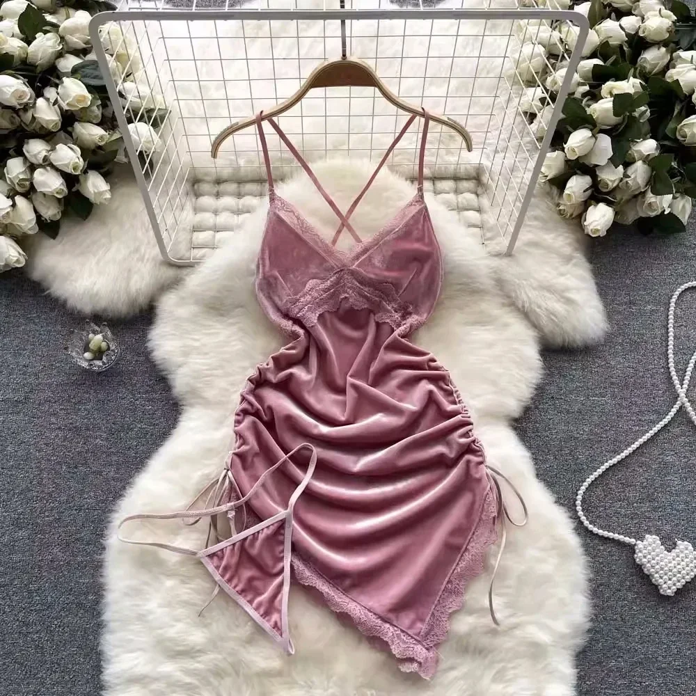 V-neck Sexy Golden velvet Hollowed Lace Backless Lingerie Tie Up Waist Cinched Sleeping Dress Women Pure Slim Cosplay Dress