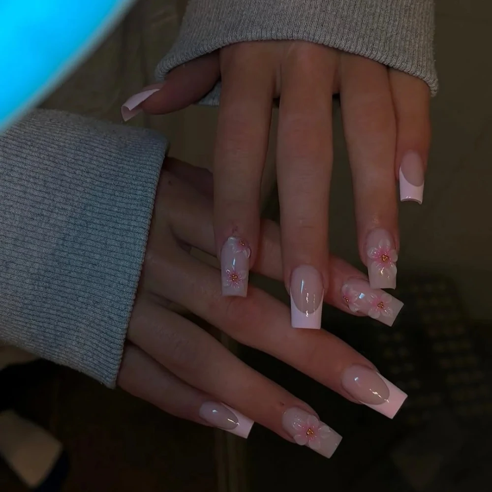 10개입 프레스온 네일 수제 스퀘어 & 아몬드 모양 인조 손톱 프렌치 페인팅 3D 플로럴 디자인 재사용 가능한 아크릴 네일 세트