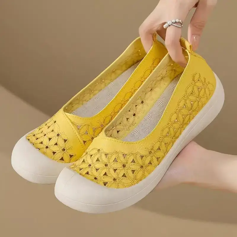 

Summer Women's Round Toe Hollow Out Casual Shoes Thick sole Shallow Slip On Non Slip Breathable Lightweight Flat Sole Cave Shoes