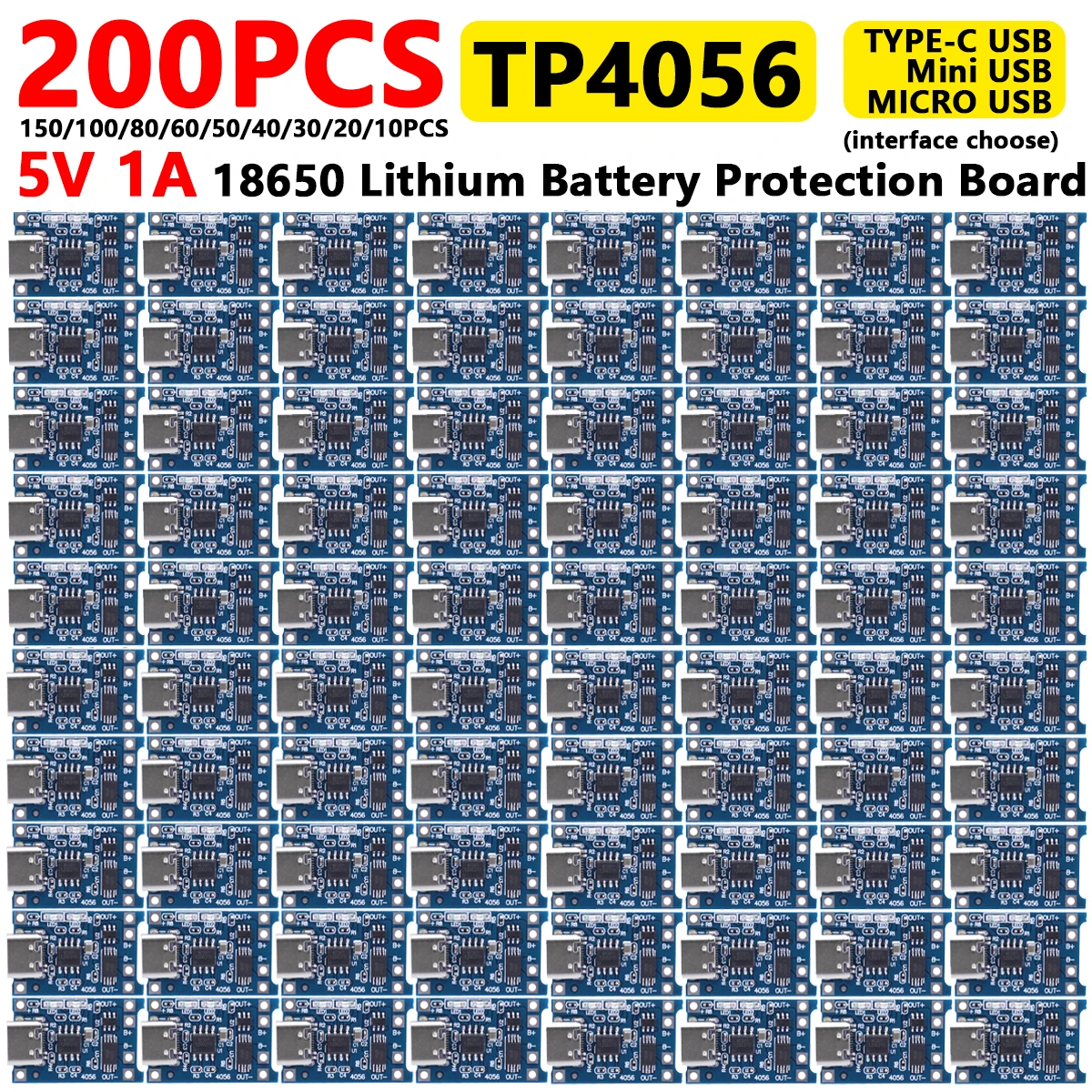 200-10PCS TP4056 5V 1A 18650 Lithium Battery Protection Board Type-C/Mini/Micro USB Charging Module Charging Board Protection