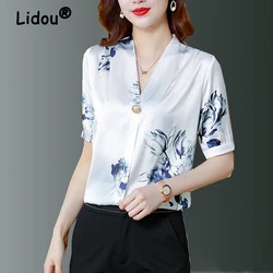 Women Vintage Floral Print Ice Silk Elegant Blouse 2023 Summer Fashion V-Neck Short Sleeve Office Lady Casual Shirt Blusas Mujer