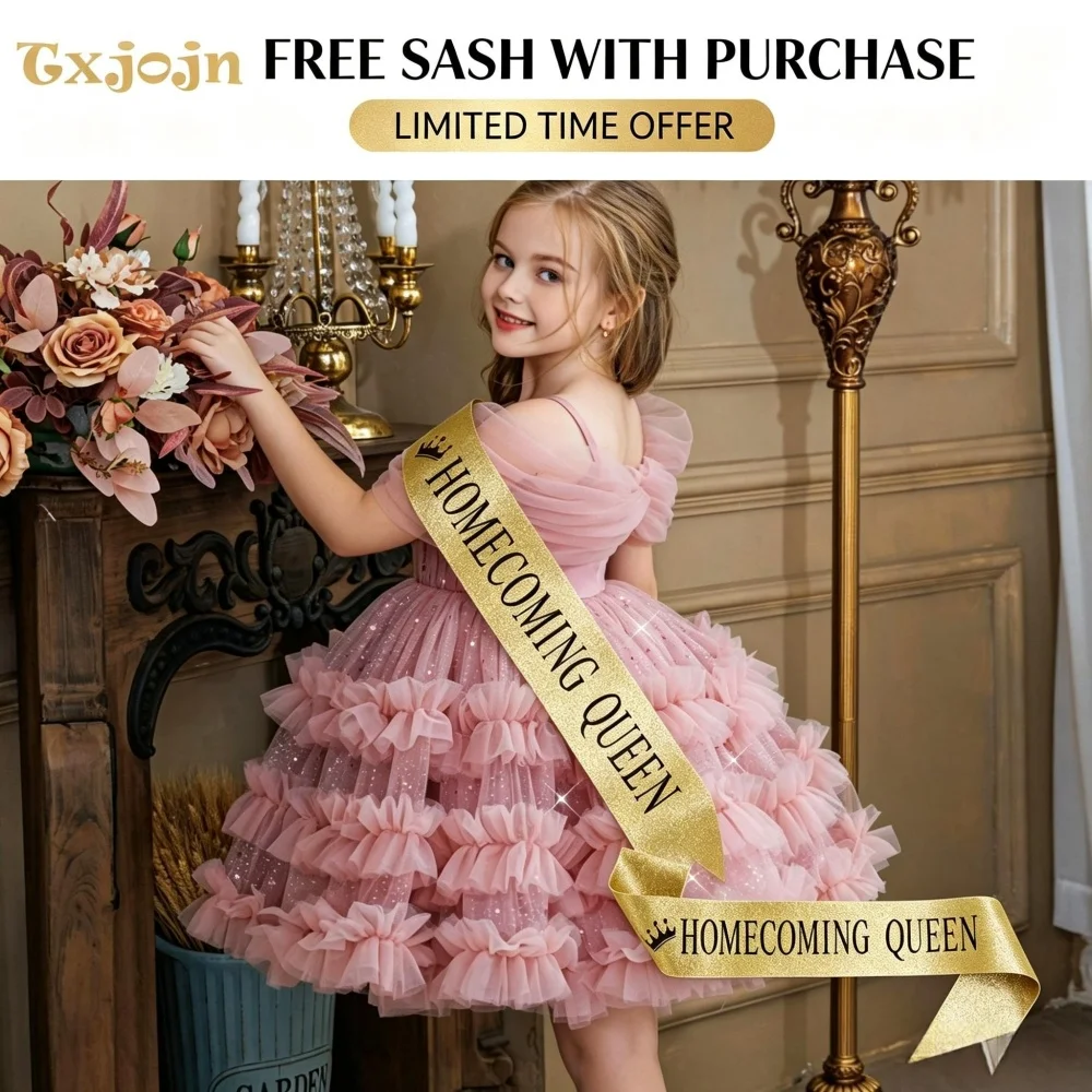 Princess Style Off-shoulder Homecoming Girls Dress Mesh Birthdy Party Dress for Girls Flower Girl Wedding Dress Girls Ball Gown