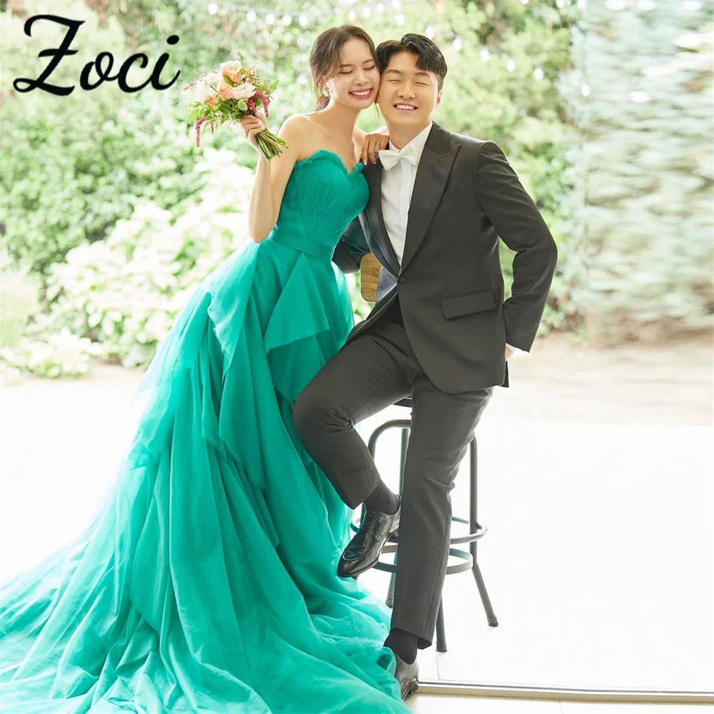 

Zoci Elegant Sweetheart Green Korea Evening Dresses Ruffles Layered Formal Party Gown Customized 이브닝드레스 Bride Photos Shoot Dress