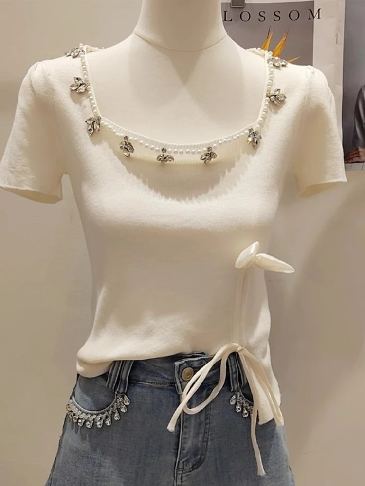 

Rhinestone Nail Bead Top Ice Silk Knitted Shirt Women's Slit Tie Blouse 2025 Summer New Elegant Slim Fit Short Sleeved T-Shirts