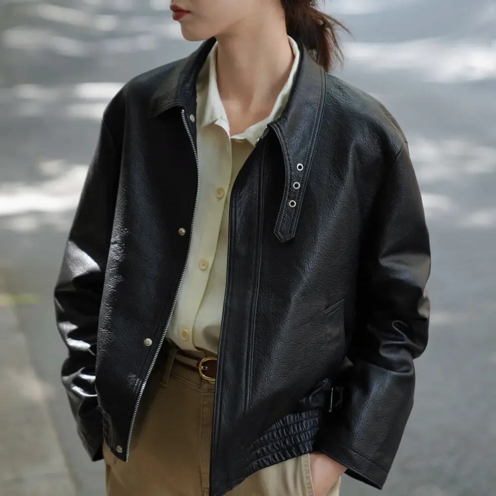 Short leather jacket women's spring and fall new Korean fashion zipper buttons casual Harajuku top elegant Slim leather coat