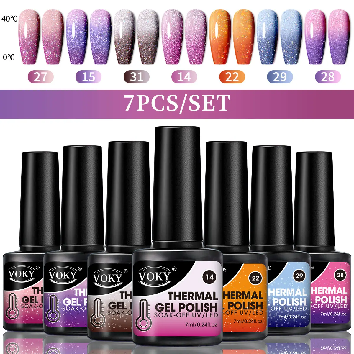 VOKY 7-Piece Set of Heat-Activated Changeable Gel Nails Adhesive Kit, Color Changes with Temperature, Can Be Immersed in UV/LED