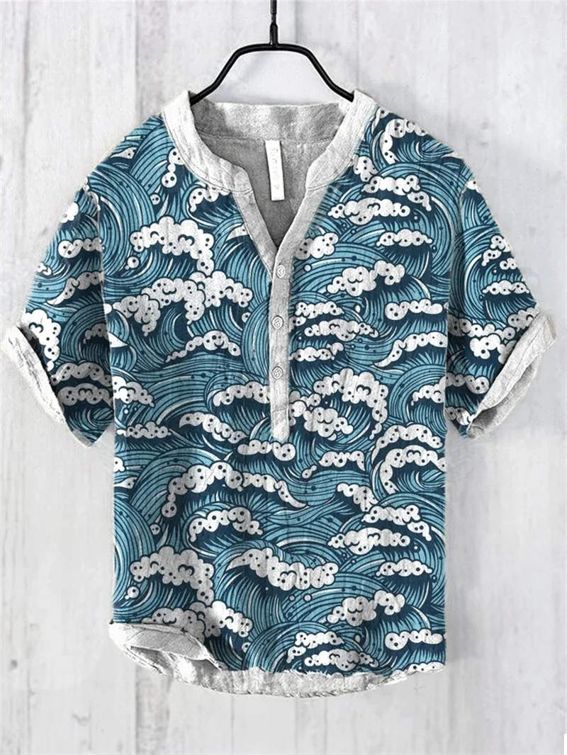 

New Spring and Summer Men's Shirt Independent Station Casual Fish Pattern Hawaiian Style Shirt Men's Tops 100% Linen