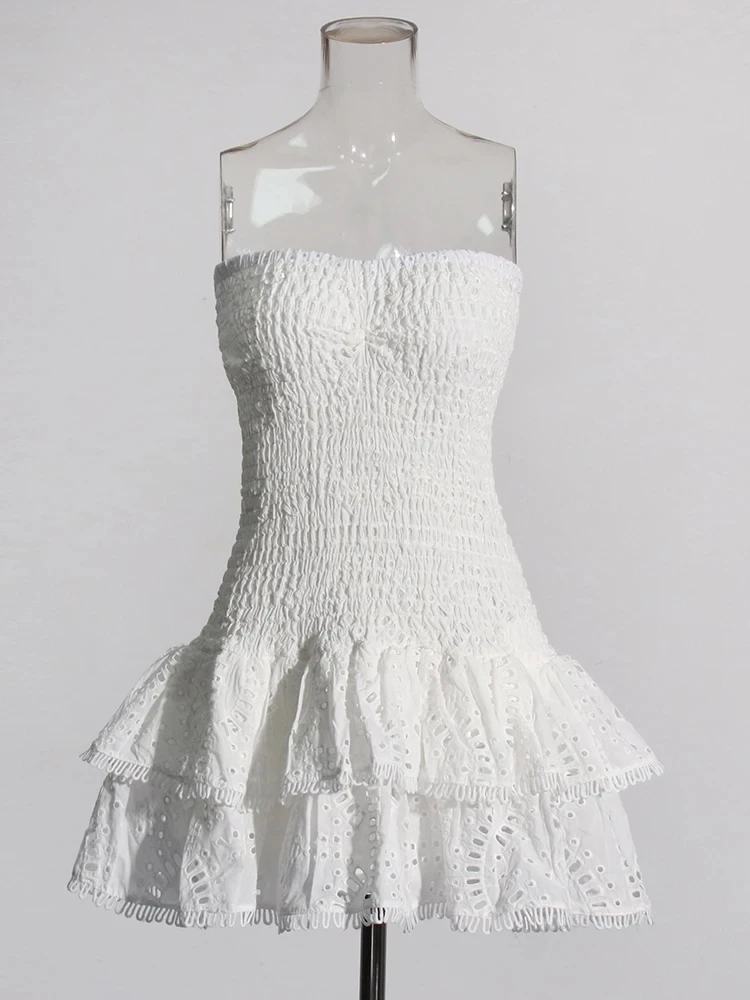 Temperament Patchwork Ruffles Dresses For Women Strapless Sleeveless High Waist Solid Folds Summer Mini Dress Female New