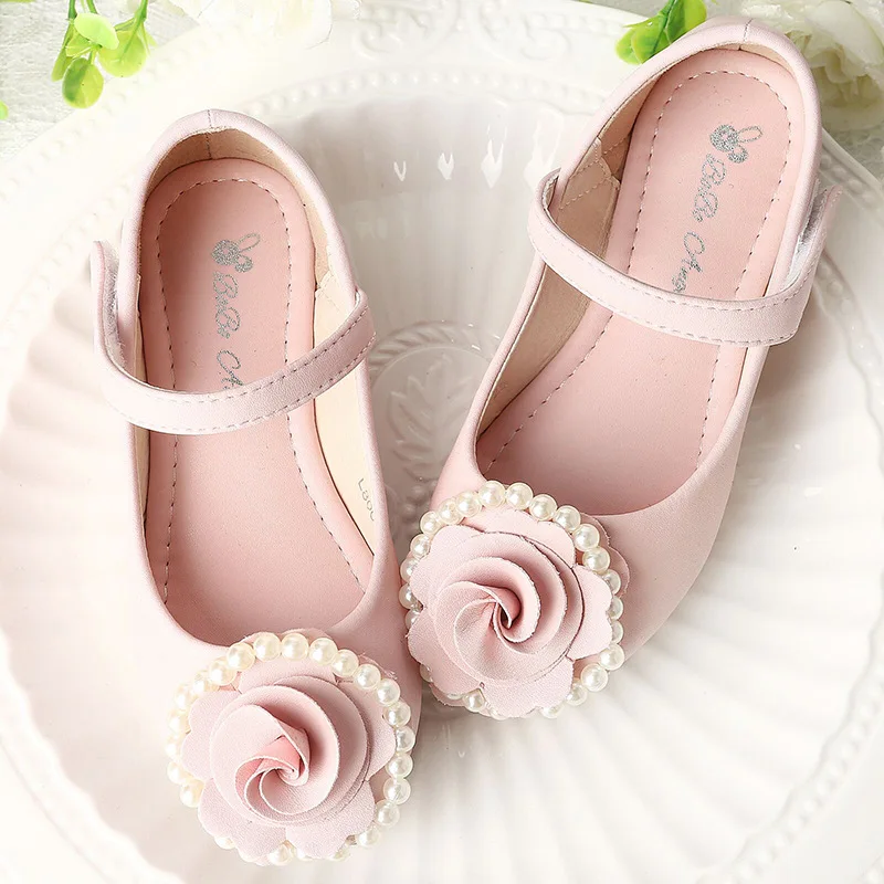 

Girls Leather Shoes for Party Wedding Spring Autumn Kids Flowers Princess Shoes with Pearls Fashion Children Mary Janes Shoes