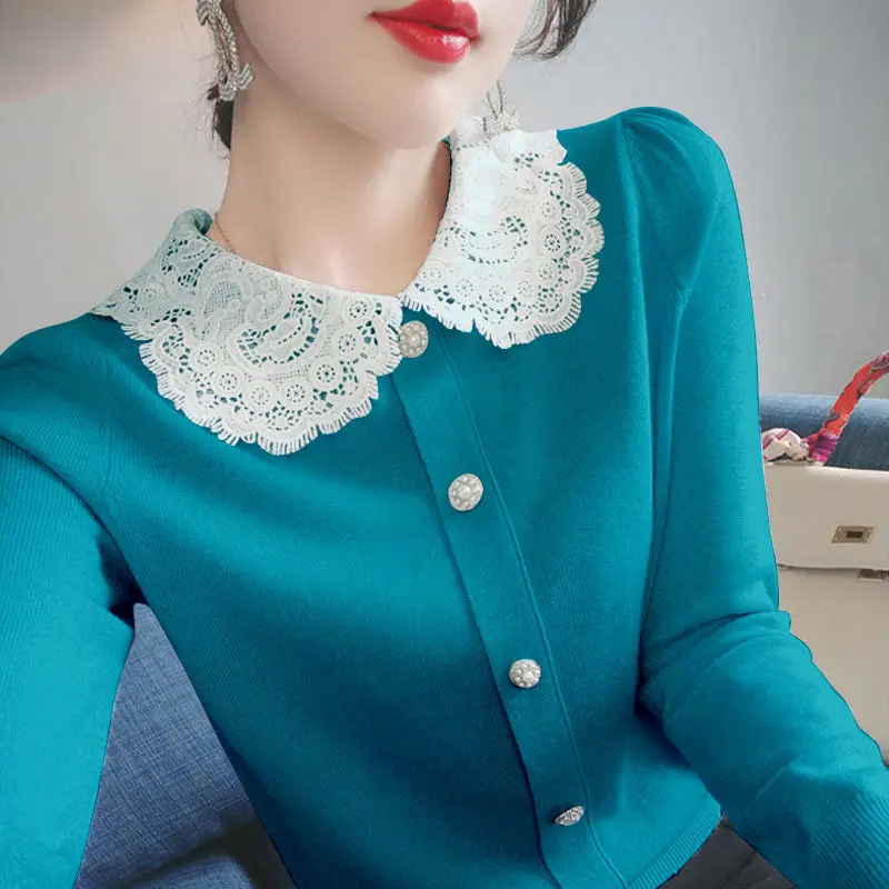 Sweet Peter Pan Collar Button Knitted Spliced Lace Blouse Female Clothing 2022 Autumn New Loose Casual Pullovers Korean Shirt