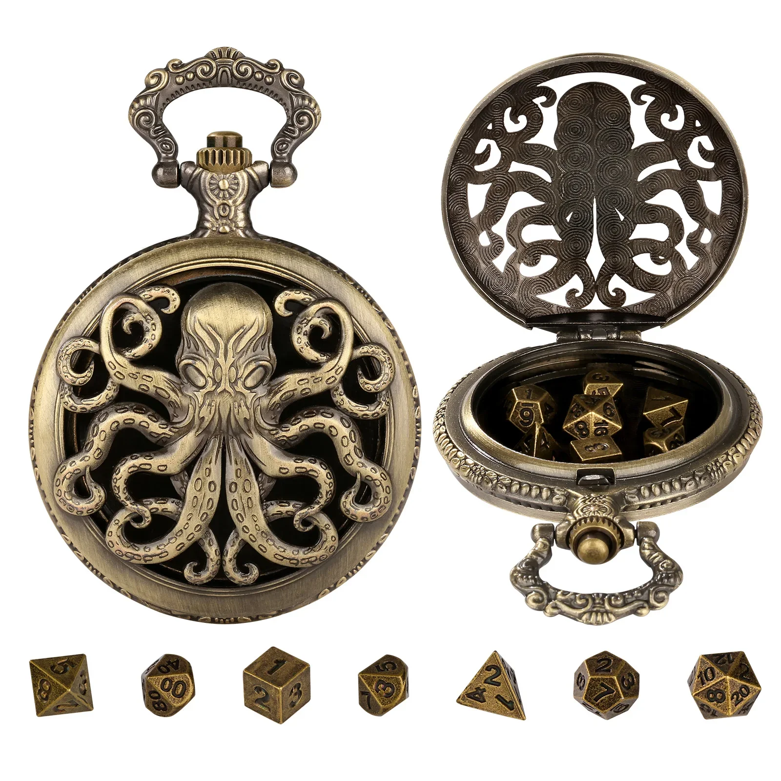 Octopus DND Dice box Jewelry Pocket Watch Case Fashion Carving Hollow Octopus Cover Pocket Watch Dice Waist Chain