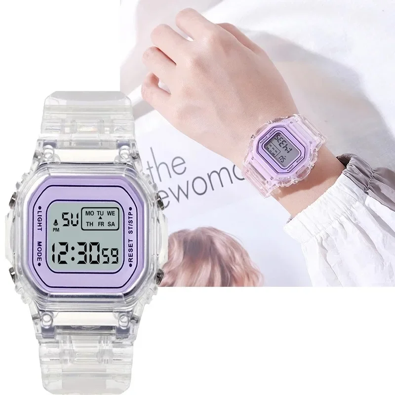 New Fashion Transparent Electronic Watch LED Ladies Wristwatch Sports Waterproof Electronic Watchs Candy Multicolor Student Gift