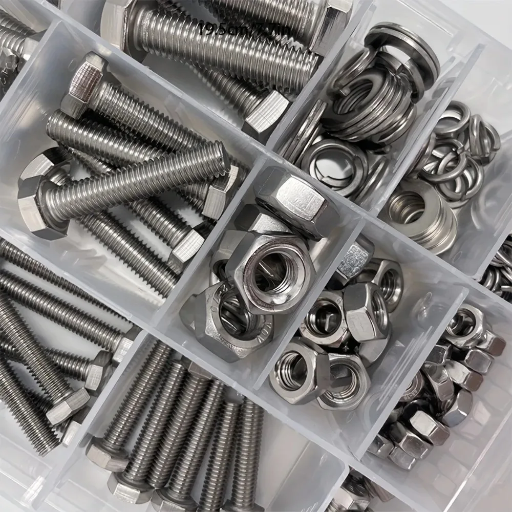 620-piece stainless steel hex bolt, nut, spring washer, and gasket set, M4, M5, M6, lengths 10-40mm.