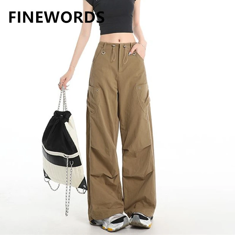 

FINEWORDS Vintage Casual High Waist Pants Women Korean Casual Wide Leg Pants Streetwear Easymatch Full Length Pants