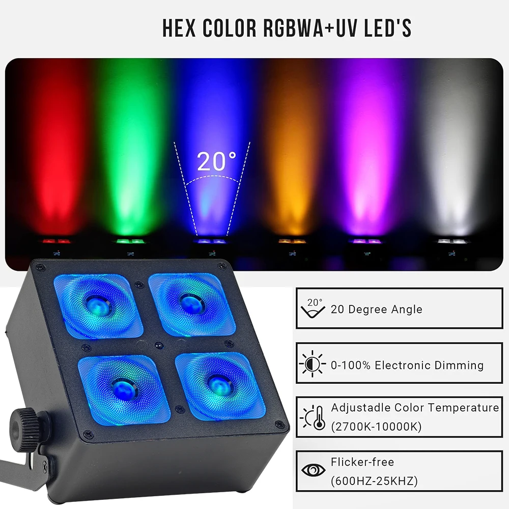 4Pcs / Rechargeable Stage Light 4x 18w RGBWA UV 6in1 Led Battery Par Light With remote control, 2.4G wireless DMX, APP control