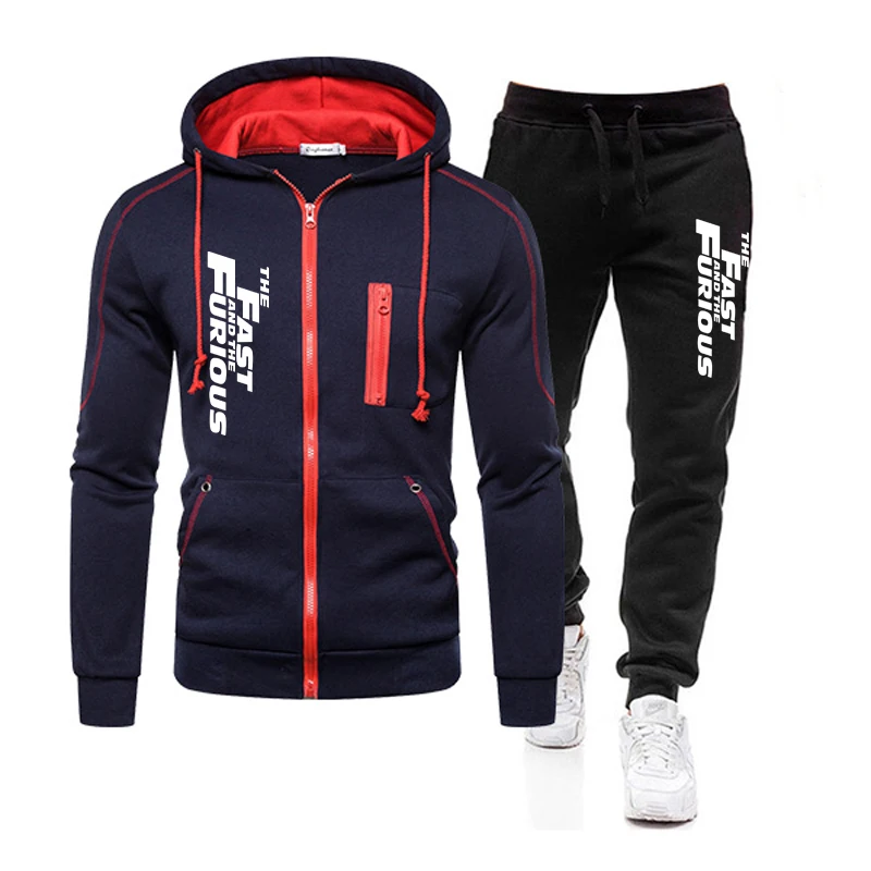 Sweatshirts for Men Casual Men\'s Clothing Two Piece Set Sports Zipper Jacket+Sports Pants Suit Fast and Furious Hooded Tracksuit